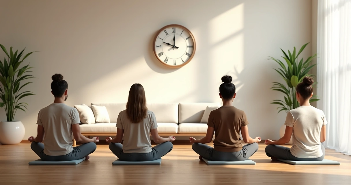 Modern break room with small group practicing guided meditation 