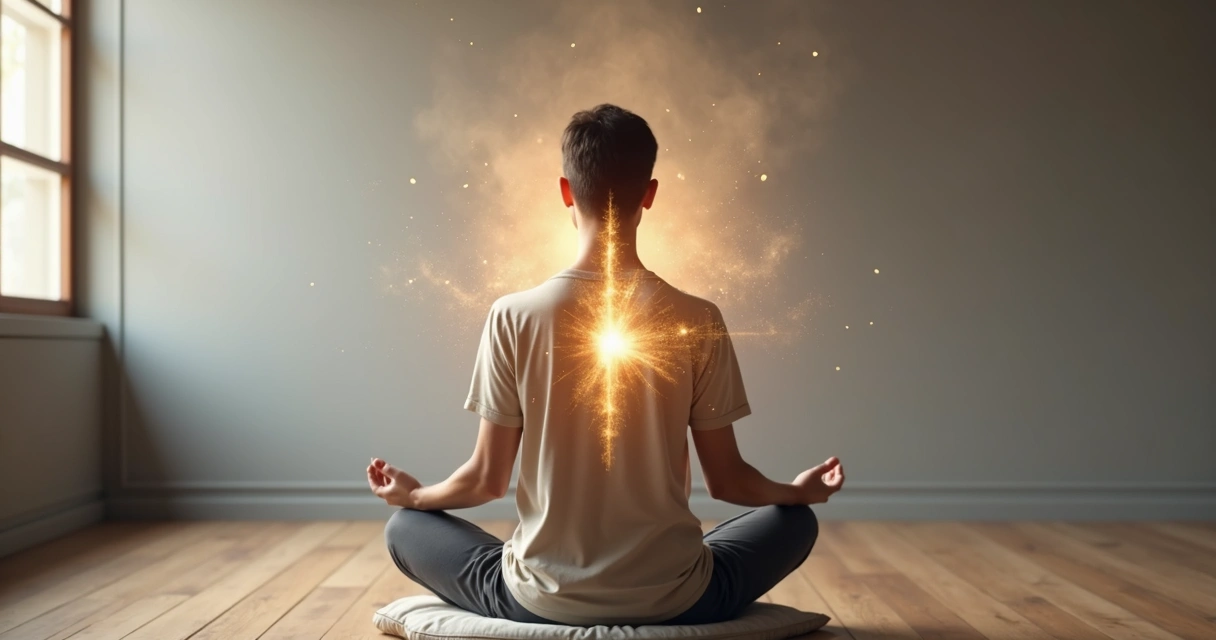 Person meditating with calm light dissolving dark fragmented shapes around the body 