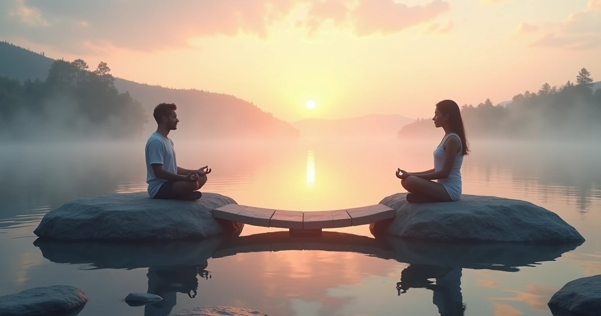 Couple meditating on opposite rocks connected by a glowing bridge at sunrise 
