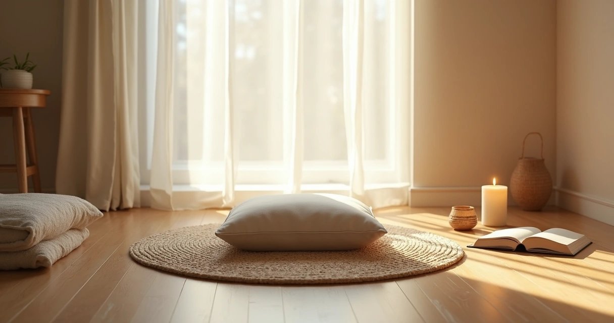 Meditation cushion and candle in a quiet room