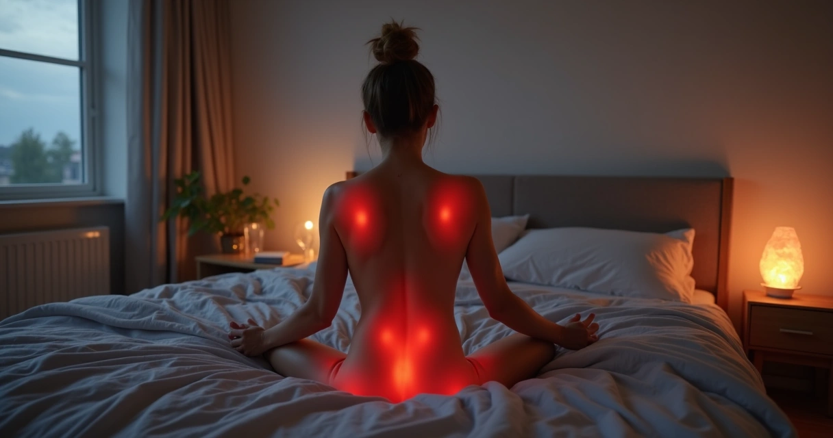 Person meditating on bed with highlighted pain areas 