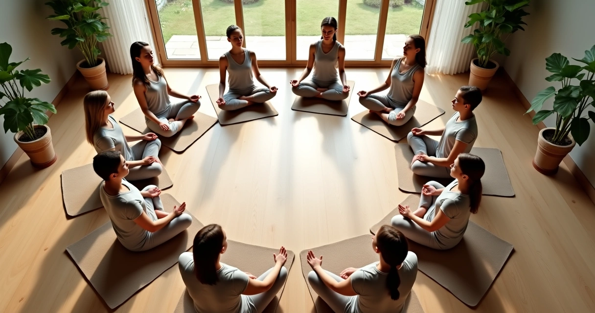 People sitting in meditation circle during constellation session 