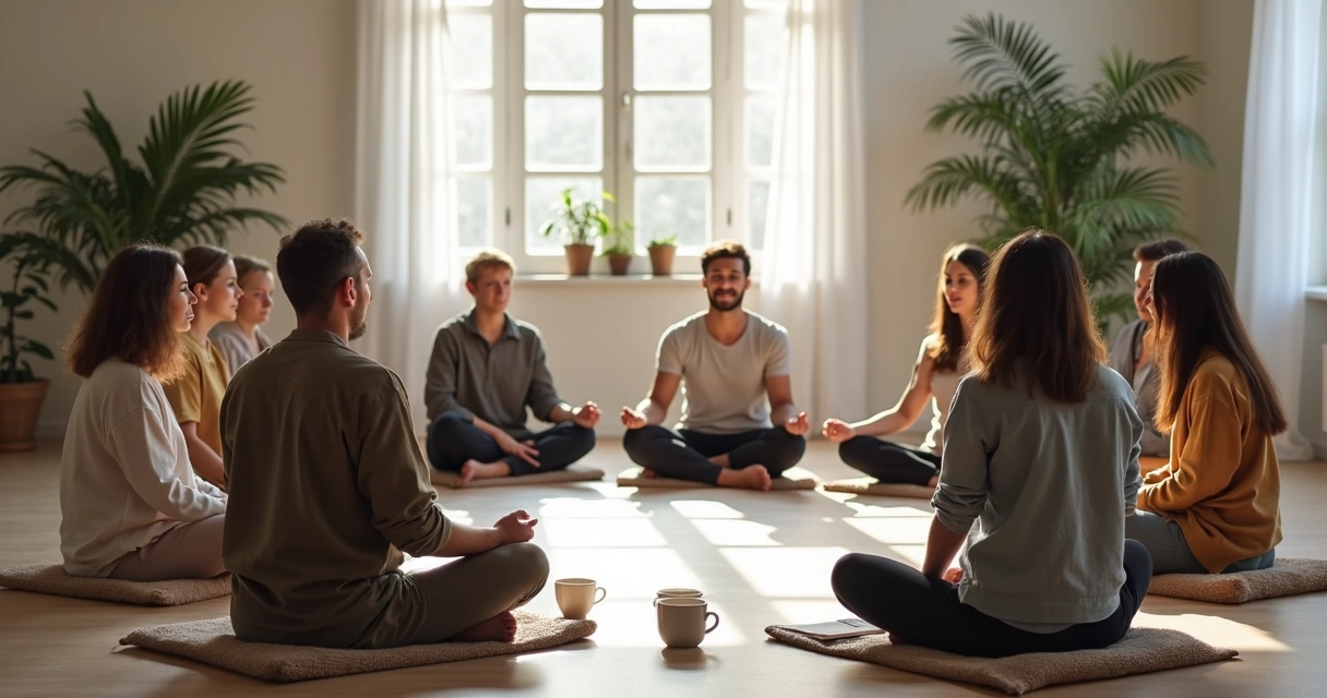 Meditation group in a circle discussing together