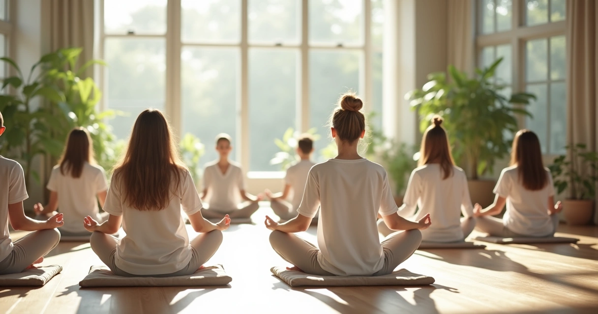 People practicing meditation in a peaceful room with soft sunlight 