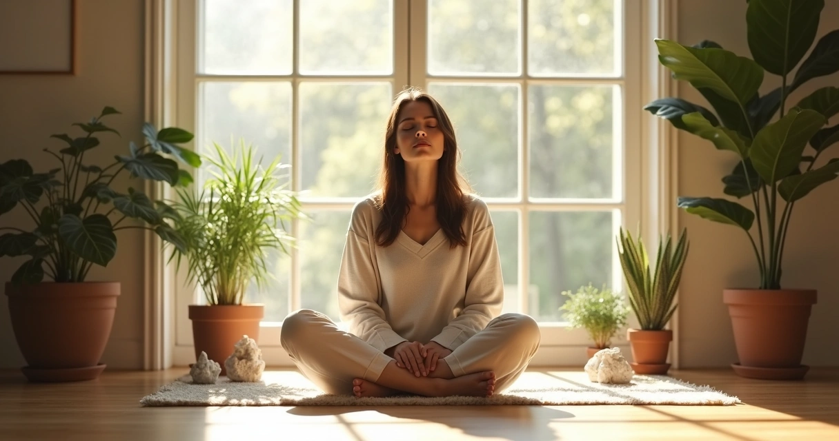 Person meditating by a window in morning light 