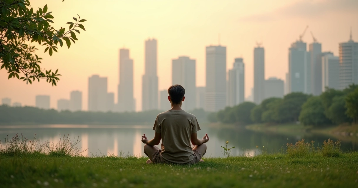 Person meditating outdoors facing a hazy city skyline under a warming sky 