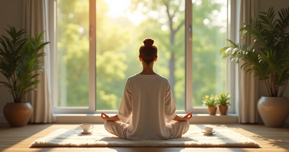 Person meditating near window with nature outside 
