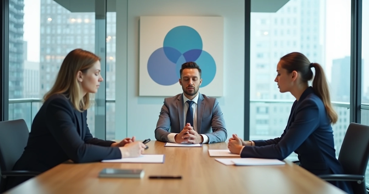 Two people in a tense meeting pausing to practice mindful breathing with a mediator 