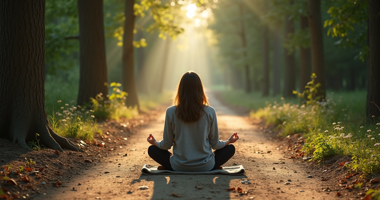 Person meditating on forest path between two diverging trails 