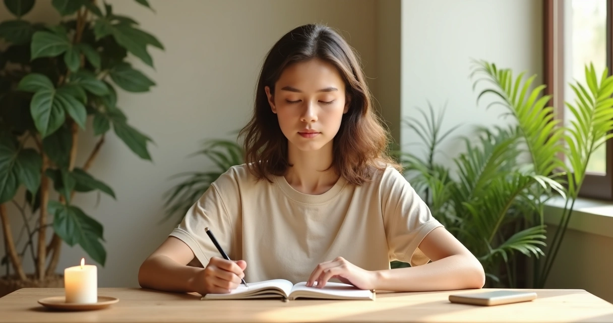 Person practicing meditation while writing personal goals at a wooden table 