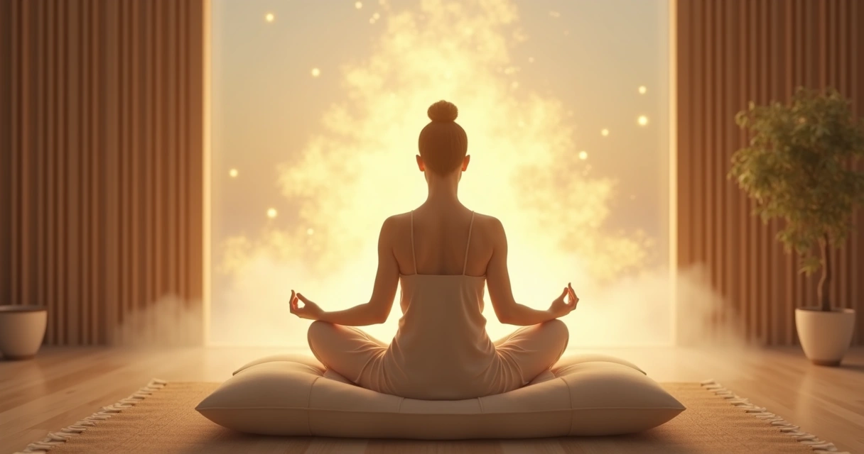 Meditating person surrounded by gentle light symbolizing consciousness awakening 