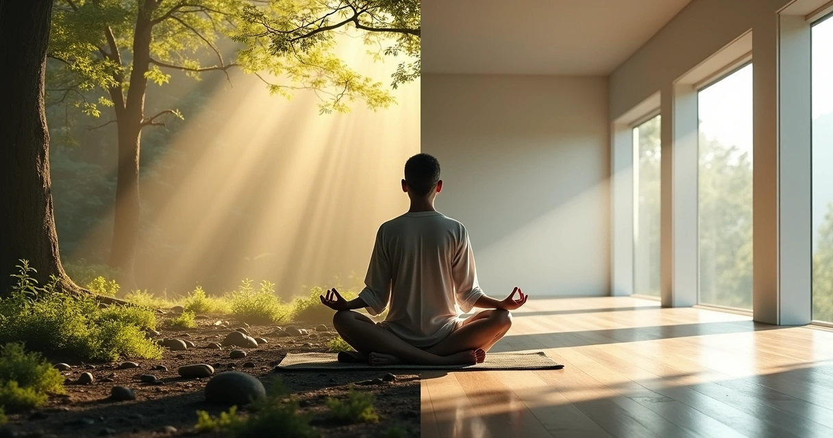 Two people meditating in contrasting environments, one surrounded by nature and traditional symbols, another in a modern serene room 