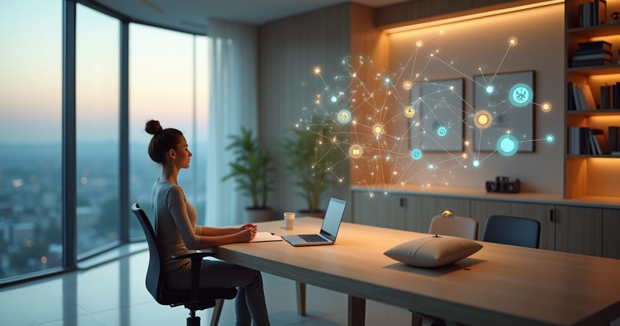 Person meditating at desk with creative decision flow around their head 
