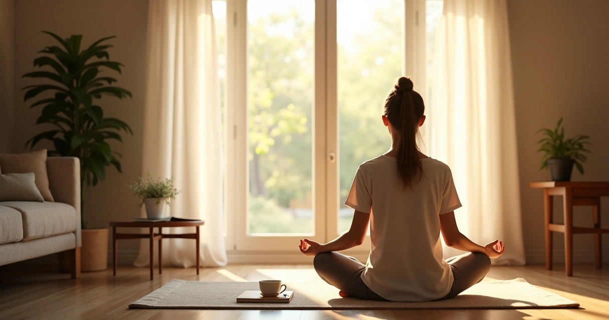 Person practicing meditation in natural light beside a journal and a cup of tea 