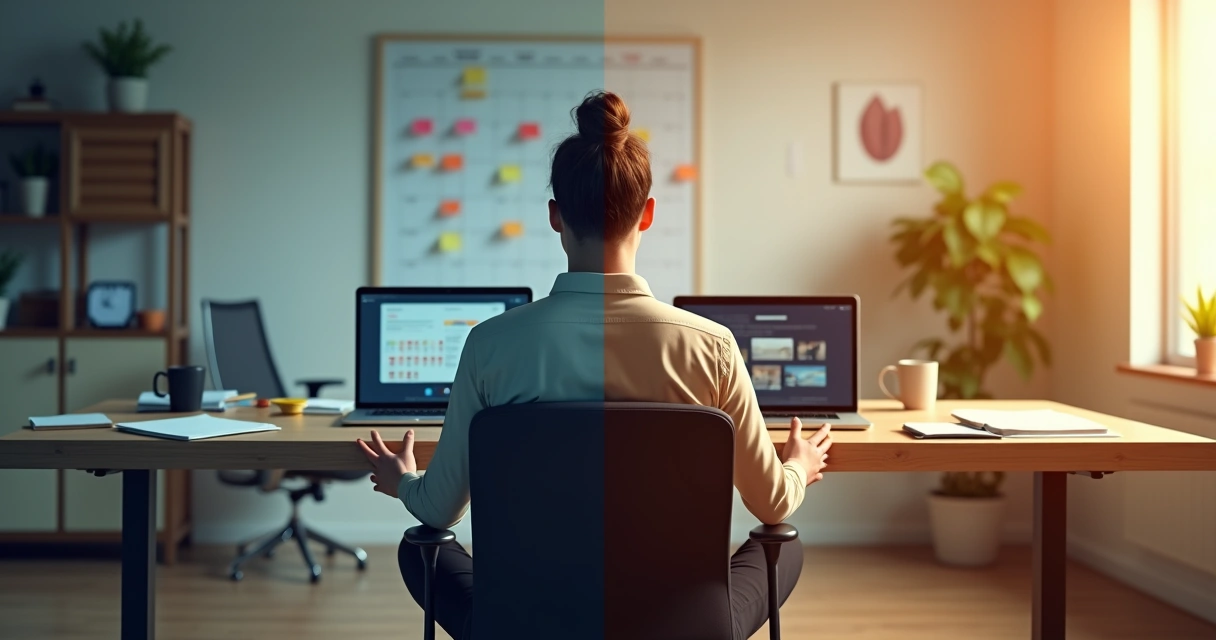 Professional sitting in meditation at desk with split screen of chaos and calm 