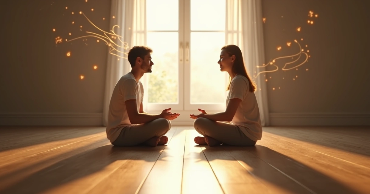 Two people sitting cross-legged facing each other, with abstract shapes representing inner dialogue between them 