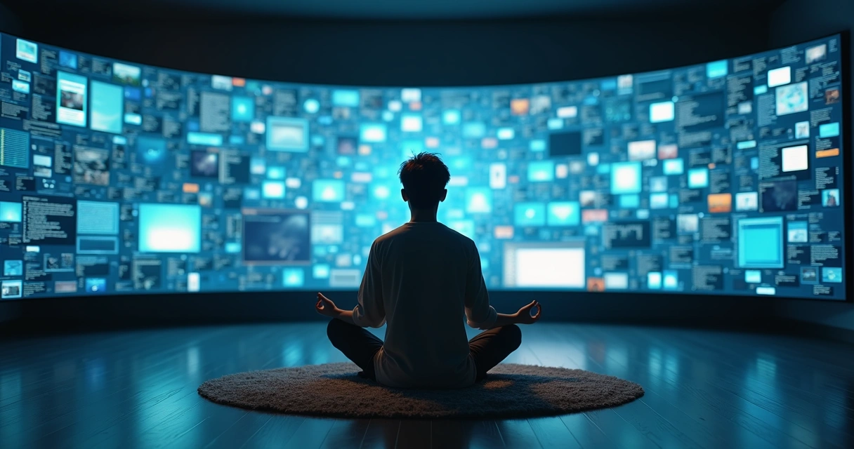 Person meditating calmly in front of an overwhelming wall of glowing screens 