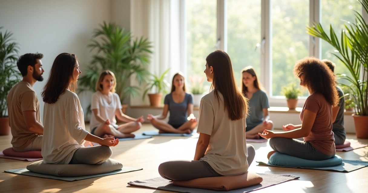 Diverse group meditating together in a peaceful room 