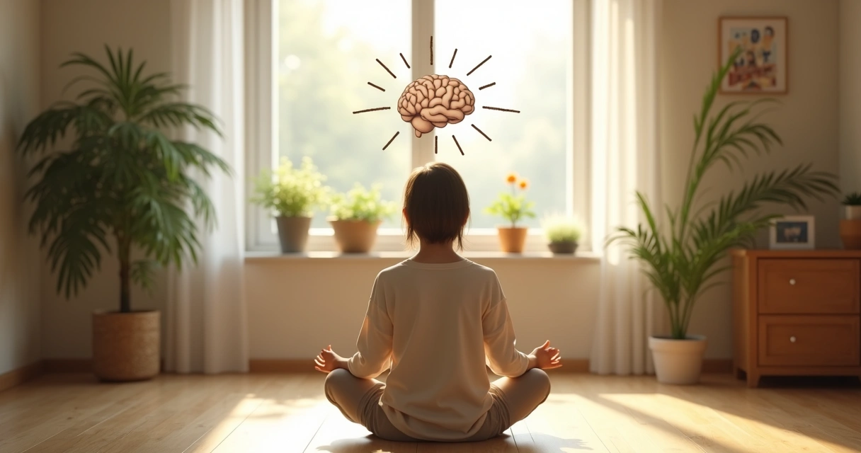 Person meditating with soft light and illustrated brain focus points 