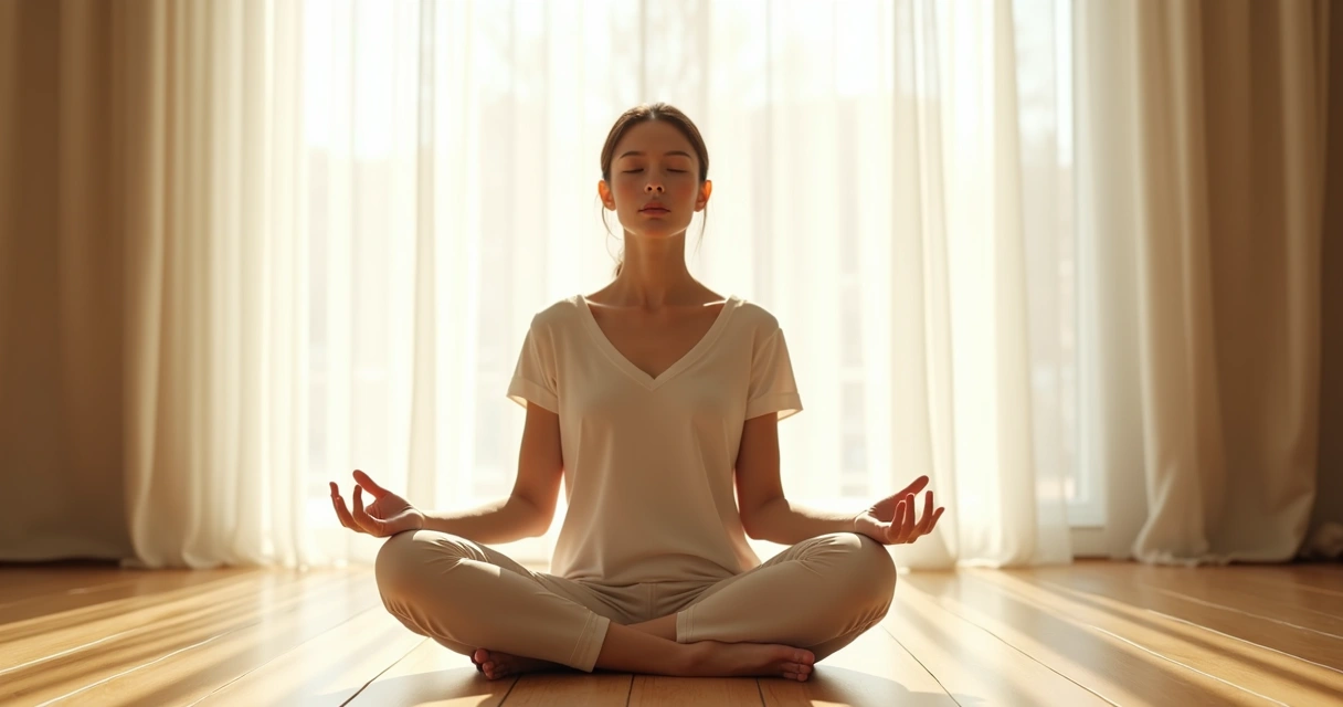 Person sitting cross-legged in a bright room with eyes closed, focused and calm 