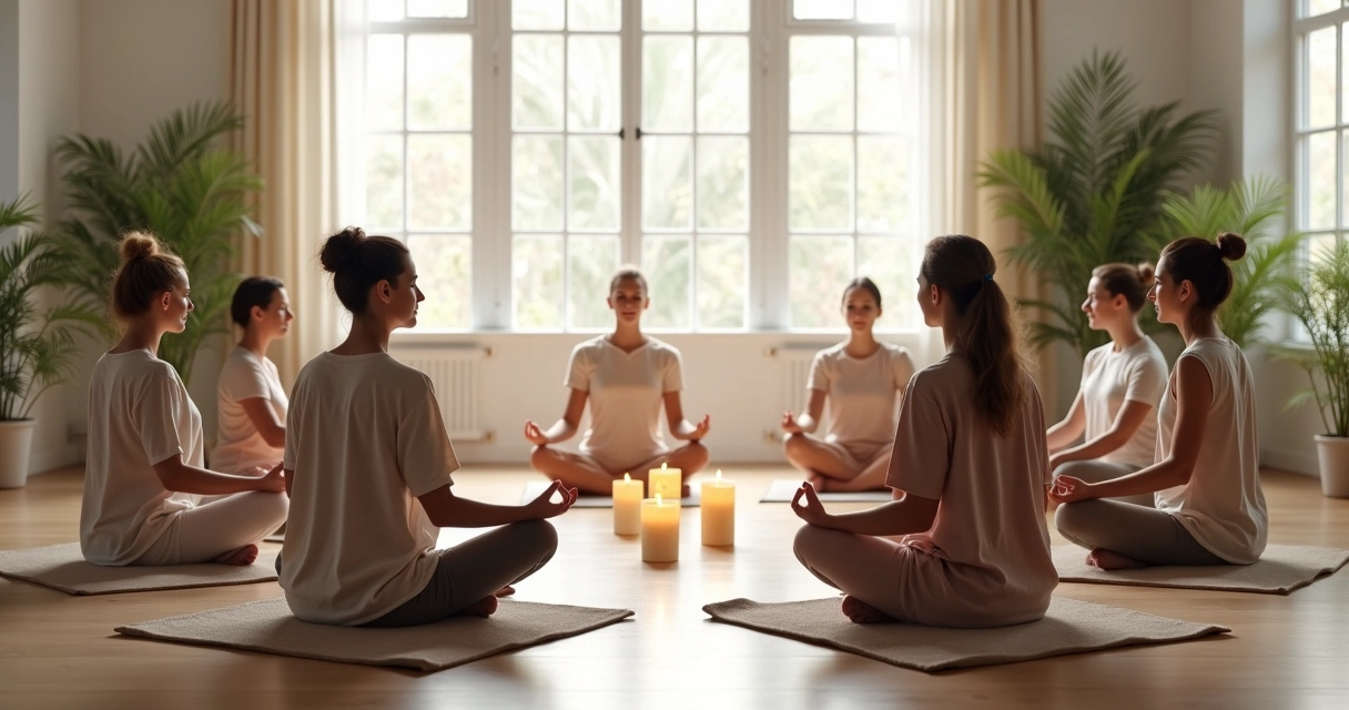 People sitting in a circle on cushions meditating together in a peaceful room.
