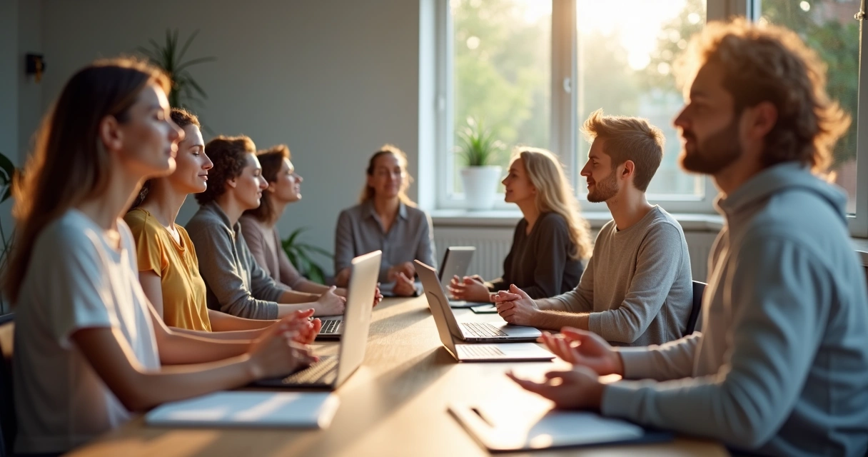 Diverse group of people meditating together at a meeting table 