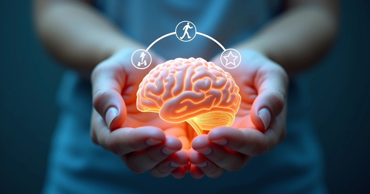 Hands holding a glowing brain with habit loop cycle drawn