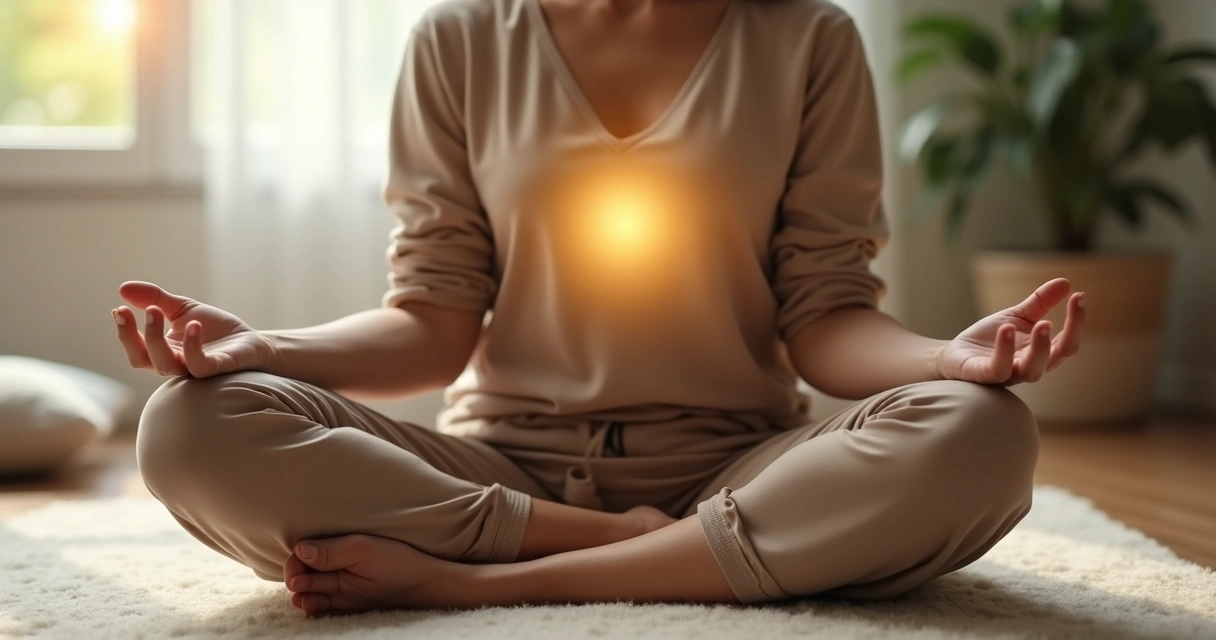 Hands resting during meditation with soft light around them 