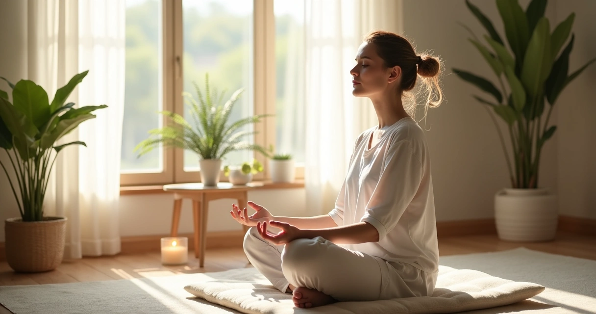 Person sitting cross-legged on a cushion in a peaceful home corner with soft light and a plant nearby. 