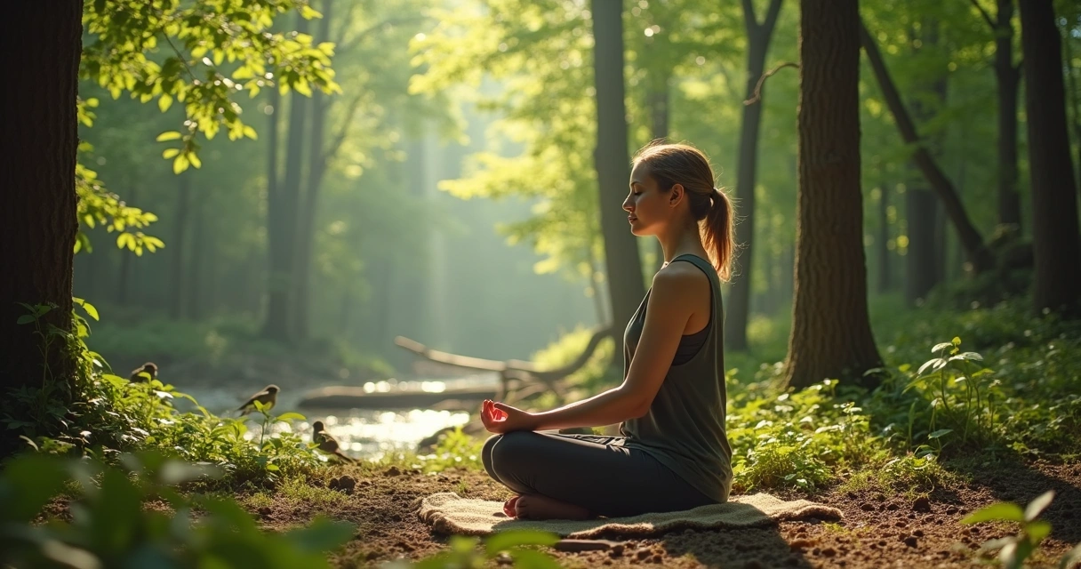 Person meditating outside among green trees and sunlight filters through leaves 