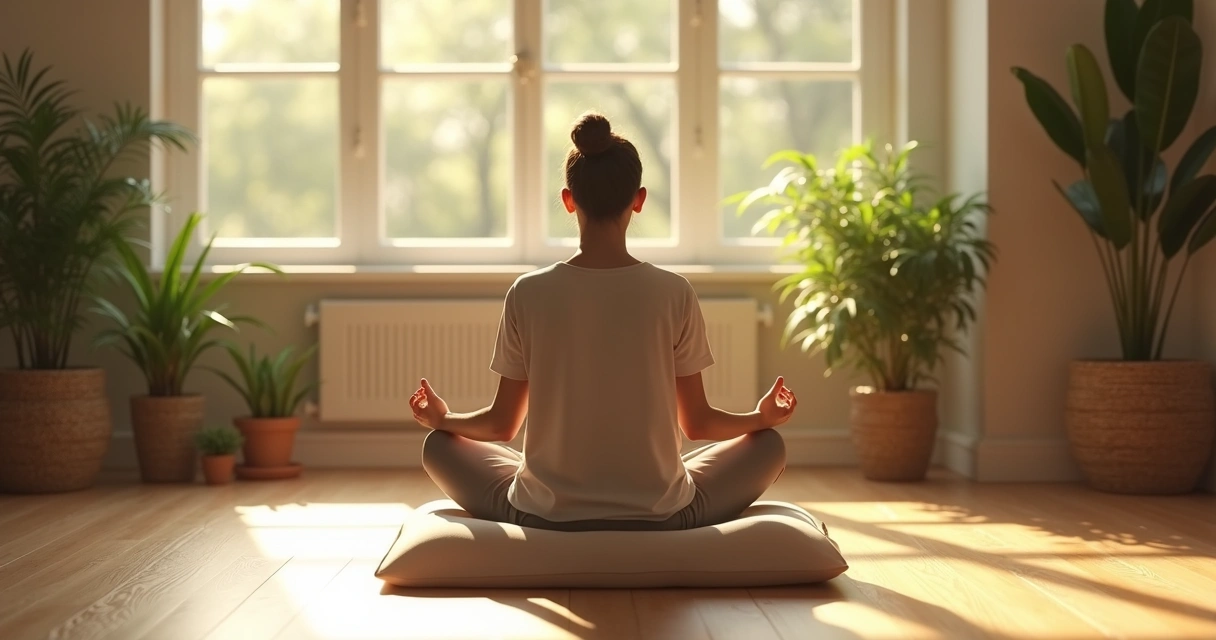 Person meditating in a peaceful living room with sunlight through window.