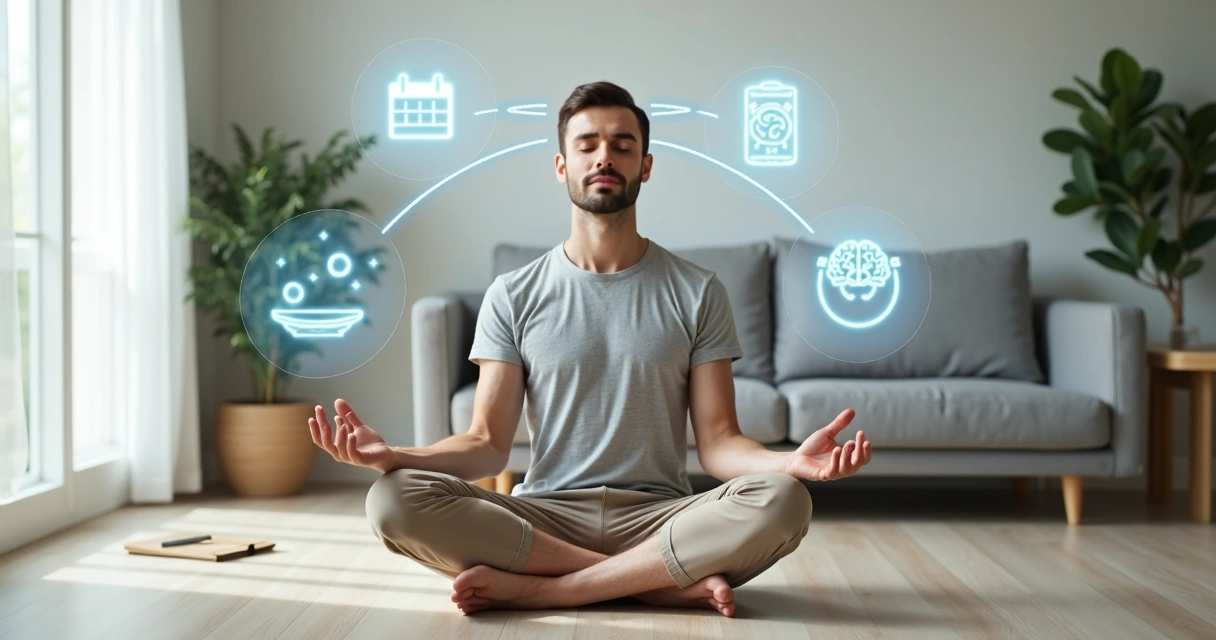 Person meditating with everyday decision icons around the head 