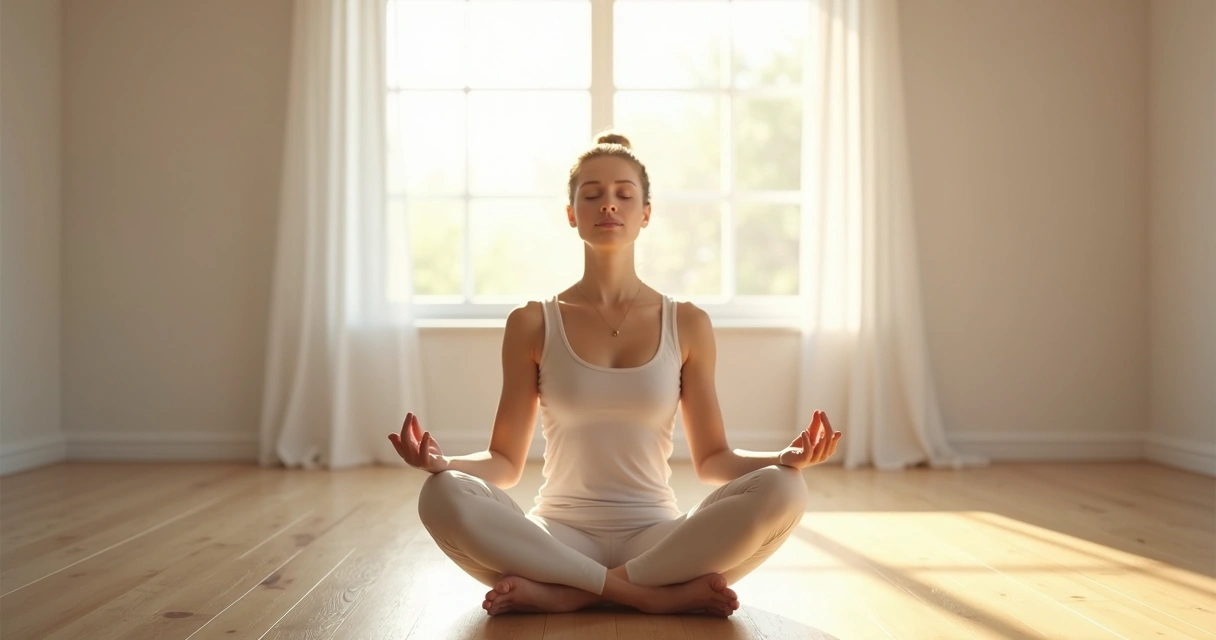 Person meditating with calm expression in a bright, simple room. 