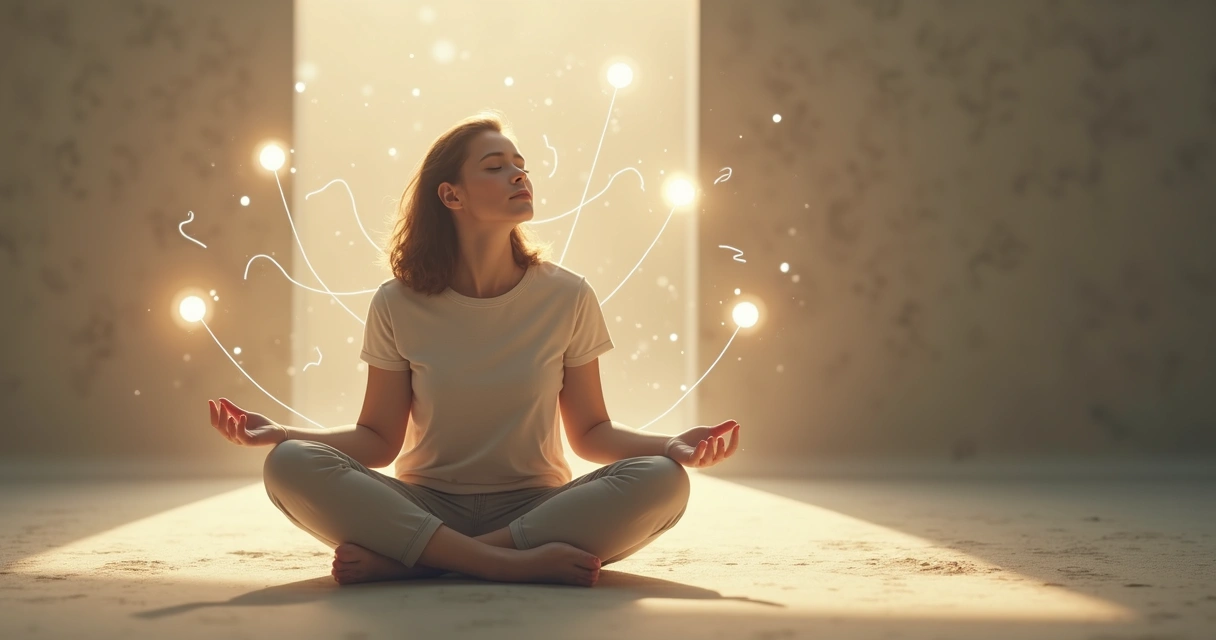 Person sitting in meditation surrounded by symbolic illustrations of emotions and thoughts 