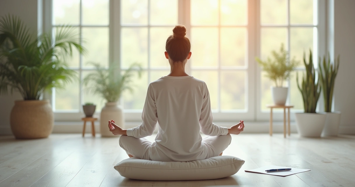 Individual in meditative reflection after a systemic constellation session, sitting peacefully in a minimalist room with soft natural light. 