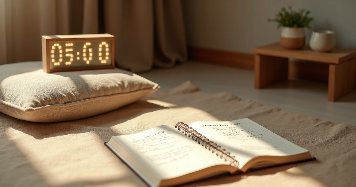Notebook, timer, and cup on a table beside a meditation cushion