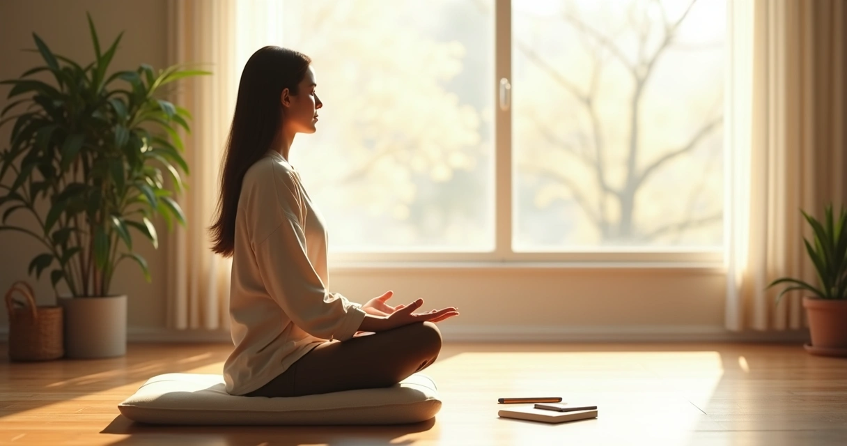 Person meditating and journaling by a window 