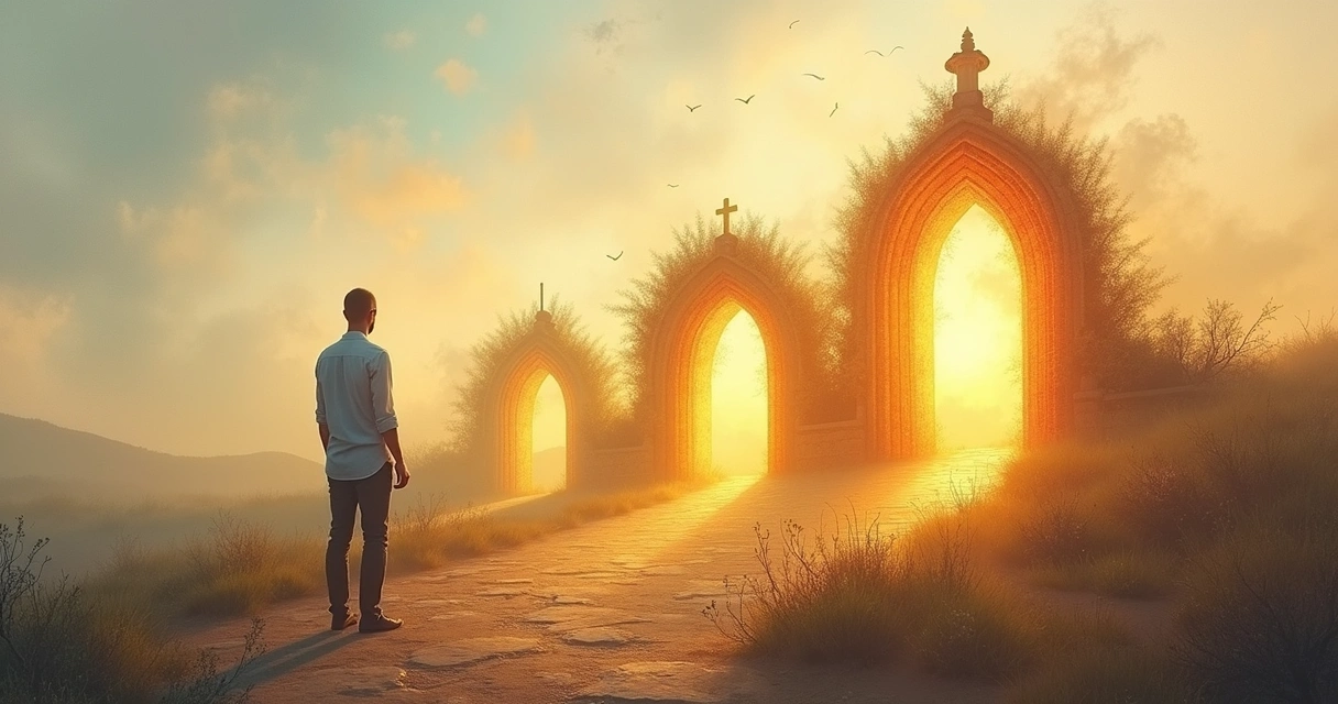 Illustration of a person moving through stages of meditation represented by distinct symbolic gateways 