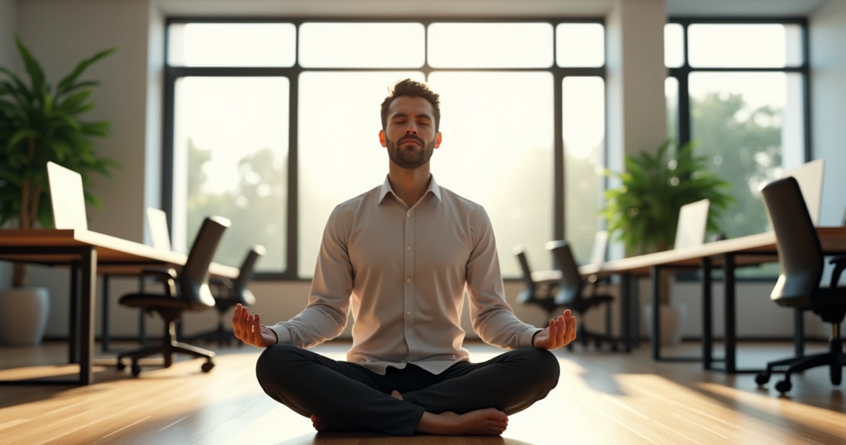 Leader sitting in meditation in a modern office 