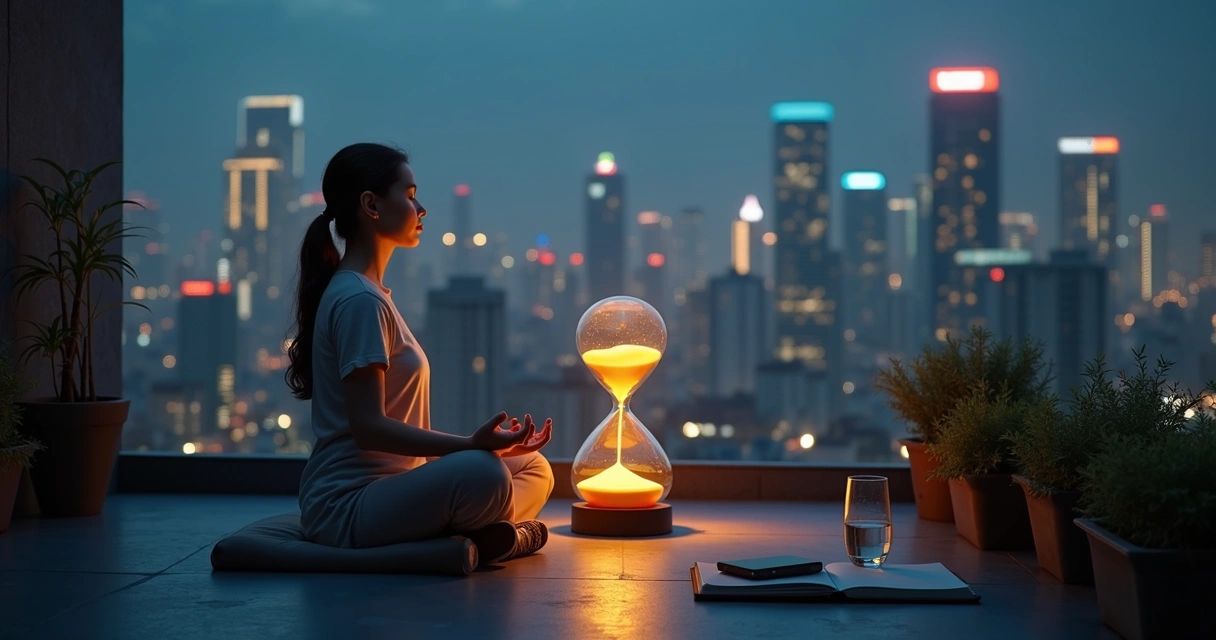 Person meditating beside glowing hourglass in bustling city at night 
