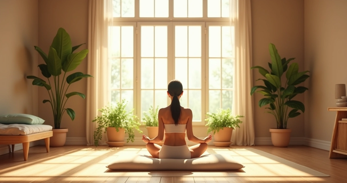 Person sitting in silence in minimalist room with plants and sunlight 