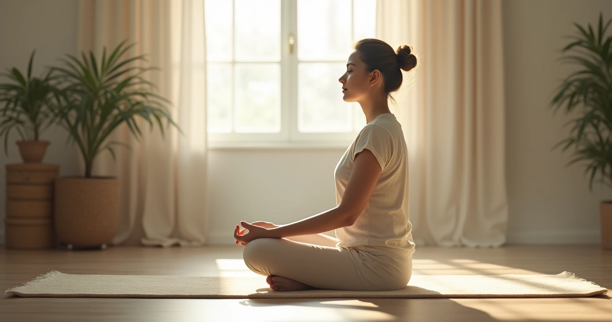 Person in peaceful room practicing meditation at sunrise 
