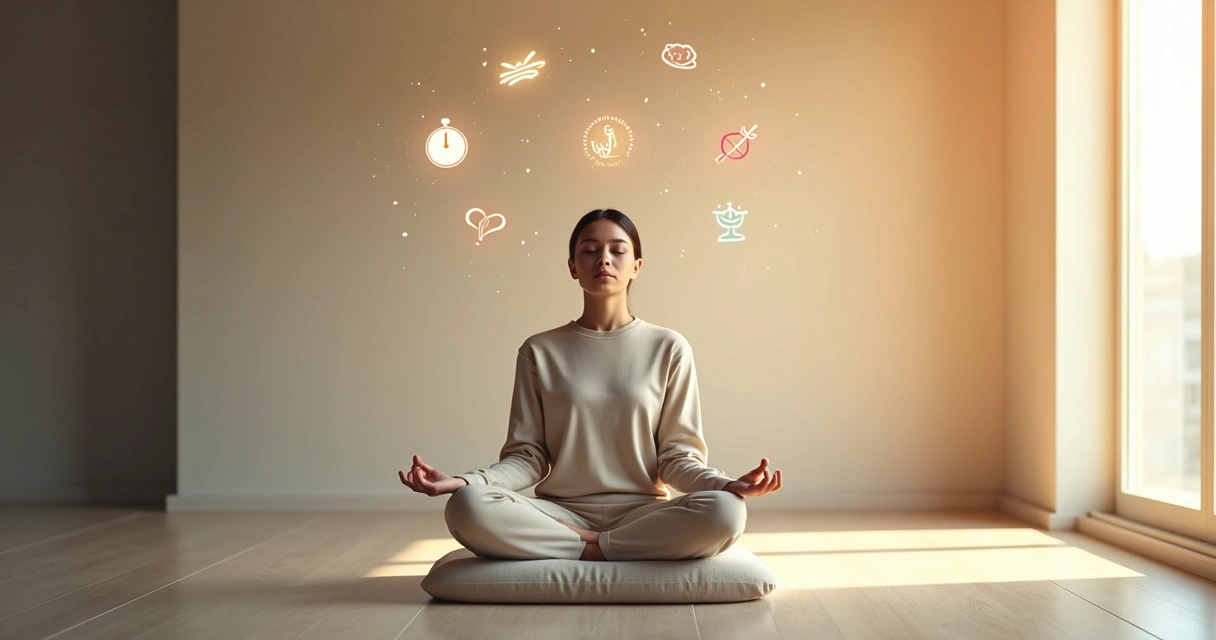 Person meditating calmly while chaotic thoughts float around 