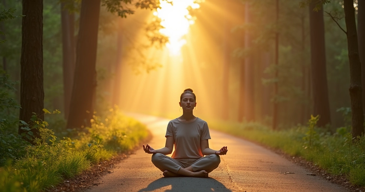 Person meditating on a forest path at sunrise