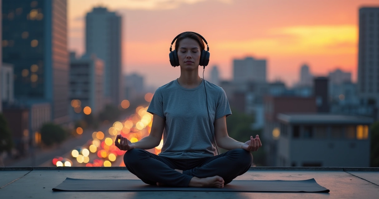Person meditating with headphones on a rooftop above a busy city at sunset 