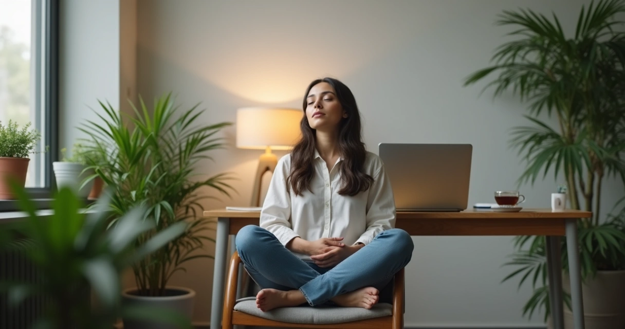 Person meditating quietly in a calm office space 