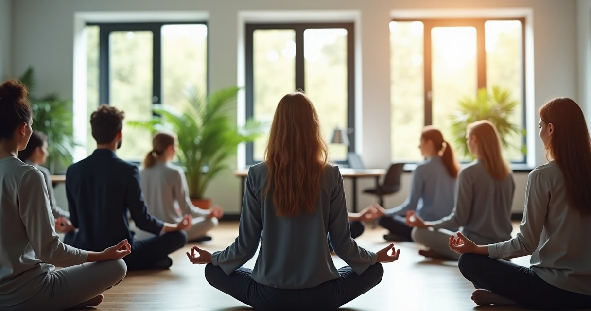 Coworkers sitting in a circle quietly meditating together in a modern office 