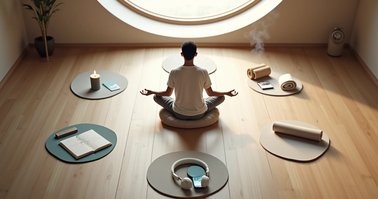 Circular room with different meditation styles arranged around a calm seated person 