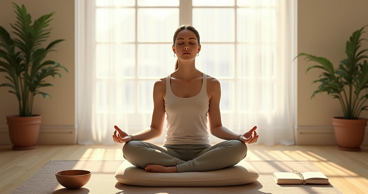 Person practicing meditation in natural light, eyes closed 