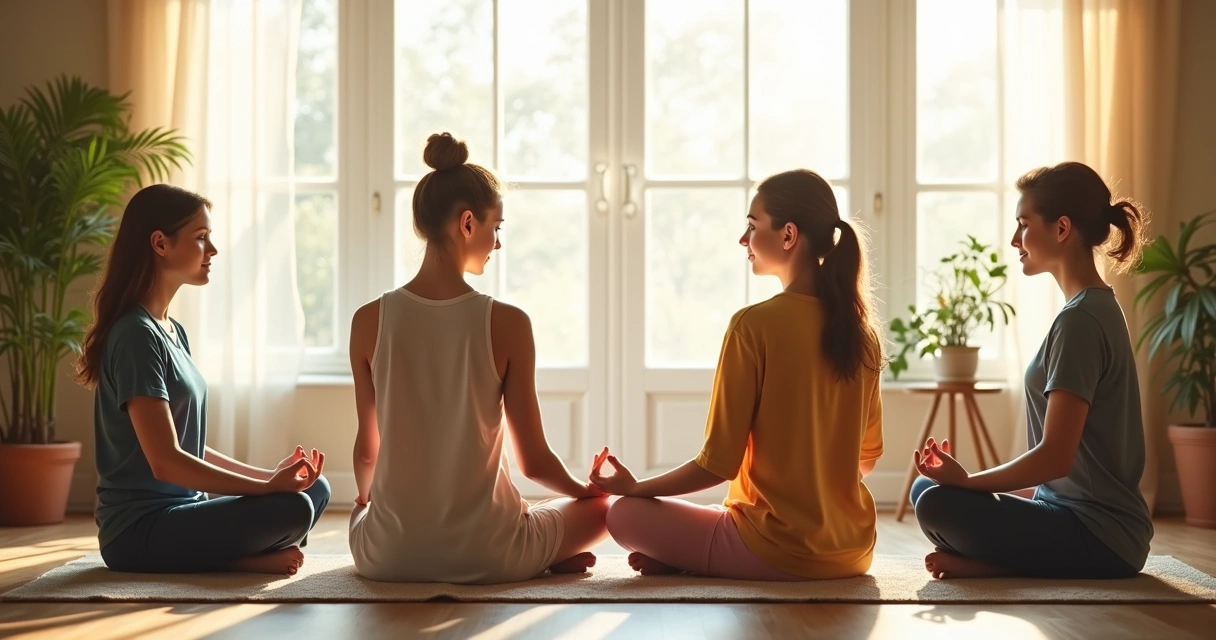 Sequence of a person meditating through different steps in a bright calm room. 